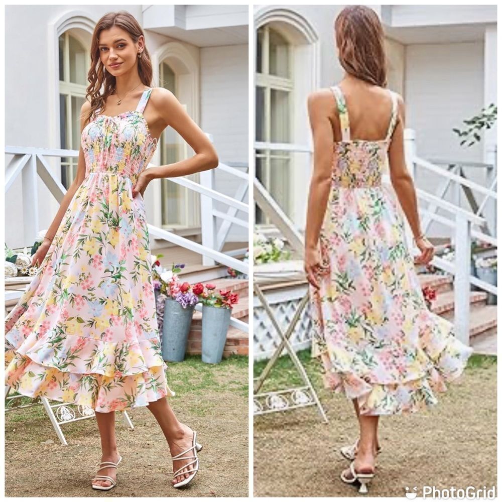 NWT Grace Karin Floral Bohemian Square Collar Dual Layer Hem Smocked Maxi Dress